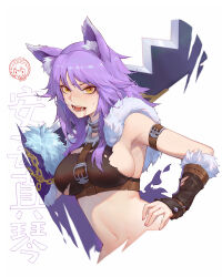 Rule 34 | 1girl, 39 bukun, animal ear fluff, animal ears, arm belt, belt, black shirt, black sleeves, blood, breasts, brown belt, chain, character name, chest belt, chinese commentary, collar, cropped shirt, cropped torso, cuts, detached sleeves, fangs, freckles, fur-trimmed shirt, fur-trimmed sleeves, fur trim, gold chain, halter shirt, halterneck, hand on own hip, highres, injury, large breasts, long hair, looking at viewer, makoto (princess connect!), metal collar, navel, open mouth, over shoulder, princess connect!, purple hair, shirt, sideboob, sleeveless, sleeveless shirt, solo, stomach, teeth, torn clothes, torn shirt, torn sleeves, translated, underbust, weapon, weapon over shoulder, white background, wolf ears, wolf girl, yellow eyes