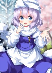 Rule 34 | 1girl, apron, blue skirt, blue vest, cherry blossoms, hair between eyes, hat, highres, letty whiterock, light purple hair, looking at viewer, one-hour drawing challenge, ruu (tksymkw), short hair, skirt, snow, snowing, touhou, vest, white hat