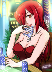 Rule 34 | 1girl, absurdres, breasts, card, casino, cleavage, collarbone, cross, cross necklace, dress, hair over one eye, hamu agaki, head tilt, highres, indoors, jewelry, long hair, nail polish, necklace, parasoul (skullgirls), parted lips, pink lips, playing card, poker chip, poker table, red hair, ring, skullgirls, smile, solo, table, upper body, yellow eyes, yellow nails