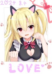 Rule 34 | 1girl, 2024, :d, absurdres, alternate costume, animal ears, apron, arihara nanami, black scrunchie, black shirt, blonde hair, blush, bow, bowtie, breasts, cat ears, cleavage, cleavage cutout, clothing cutout, commentary, dated, drawn ears, english text, enmaided, eyelashes, eyes visible through hair, hair between eyes, hair ornament, hair scrunchie, hands up, happy, heart, heart-shaped ornament, heart cutout, highres, kiki0319i, large breasts, long hair, looking at viewer, maid, maid apron, open mouth, paw pose, paw print, photo (object), puffy short sleeves, puffy sleeves, red bow, red bowtie, red eyes, riddle joker, scrunchie, shirt, short sleeves, sidelocks, smile, solo, straight hair, tsurime, two side up, upper body, very long hair, white apron