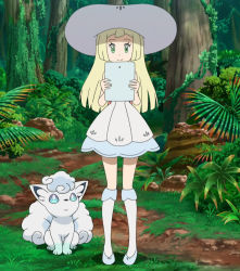 Rule 34 | 1girl, alolan form, alolan vulpix, bare legs, blonde hair, braid, creatures (company), dress, feet, forest, french braid, full body, game freak, gen 1 pokemon, gen 7 pokemon, happy, hat, highres, hime cut, holding, lillie (pokemon), long hair, long legs, looking at another, looking at viewer, nature, nintendo, pokemon, pokemon (anime), pokemon (creature), pokemon sm (anime), screencap, sitting, smile, standing, stitched, sun hat, third-party edit, tree, vulpix