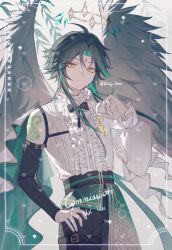 Rule 34 | 1boy, 329kome, adjusting necklace, alternate costume, angel, angel wings, belt, black bow, black pants, bow, bowtie, closed mouth, cowboy shot, facial mark, feathered wings, forehead mark, frilled shirt, frills, genshin impact, green hair, halo, hand on own hip, highres, jewelry, legwear garter, looking at viewer, male focus, multicolored hair, necklace, pants, pearl necklace, shirt, shoulder tattoo, simple background, single sleeve, solo, standing, tattoo, two-tone hair, white background, white wings, wings, xiao (genshin impact), yellow eyes