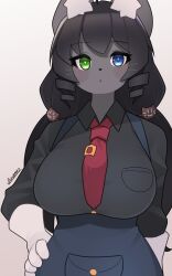 Rule 34 | 1girl, absurdres, animal ears, black hair, black shirt, blue eyes, breast pocket, breasts, cat ears, cat girl, cat tail, collared shirt, furry, furry female, gloves, green eyes, hand on own hip, highres, large breasts, long hair, looking at viewer, necktie, original, pocket, red necktie, ringlets, ryuusui arumo, shirt, solo, tail, white gloves