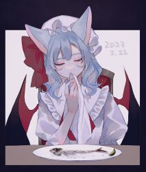 Rule 34 | 1girl, absurdres, animal ears, ascot, bat wings, blue hair, bow, cat ears, closed eyes, commentary, covered mouth, dated, facing viewer, fish bone, frilled shirt collar, frills, hat, hat bow, highres, holding, katai (nekoneko0720), kemonomimi mode, medium hair, mob cap, napkin, puffy short sleeves, puffy sleeves, red ascot, red bow, remilia scarlet, shirt, short sleeves, solo, touhou, upper body, white hat, white shirt, wings