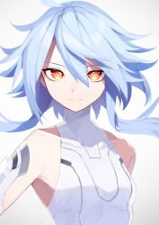 Rule 34 | 1girl, absurdres, bare shoulders, blue hair, breasts, buran buta, hair between eyes, highres, leotard, looking at viewer, neptune (series), power symbol, power symbol-shaped pupils, red eyes, short hair with long locks, small breasts, smile, solo, symbol-shaped pupils, upper body, white heart (neptunia), white leotard