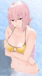 Rule 34 | 1girl, :3, arms under breasts, bare shoulders, bikini, braid, breasts, chaldea lifesavers, cleavage, collarbone, crossed arms, fate/grand order, fate (series), florence nightingale (chaldea lifesavers) (fate), florence nightingale (fate), folded ponytail, highres, large breasts, light smile, long hair, looking at viewer, navel, parusu (ehyfhugj), pink hair, red eyes, single braid, solo, swimsuit, tongue, tongue out, very long hair, wading, water, wide hips, yellow bikini