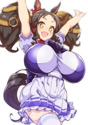Rule 34 | + +, 1girl, :d, absurdres, alternate breast size, animal ears, arms up, black hair, breasts, brown hair, commentary request, fang, highres, horse ears, horse girl, horse tail, huge breasts, looking at viewer, marvelous sunday (umamusume), medium hair, open mouth, pleated skirt, school uniform, simple background, skin fang, skirt, smile, solo, tail, thighhighs, thighs, tracen school uniform, twintails, umamusume, white background, white skirt, white thighhighs, yellow eyes, yuki usagi (agtd5758), zettai ryouiki
