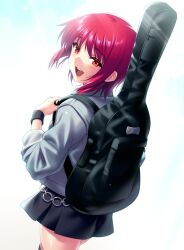 Rule 34 | 1girl, :d, alternate costume, angel beats!, black skirt, black wrist cuffs, blush, casual, chain, commentary request, commission, cowboy shot, floating hair, from behind, grey jacket, guitar case, hair between eyes, hand up, happy, instrument case, iwasawa masami, jacket, looking at viewer, looking back, medium hair, miniskirt, open mouth, pleated skirt, red eyes, red hair, round teeth, simple background, skeb commission, skirt, smile, solo, teeth, tsurime, upper teeth only, white background, wrist cuffs, zen (kamuro)