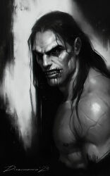 Rule 34 | 1boy, armor, artist name, black hair, colored sclera, commentary, english commentary, greyscale, konrad curze, long hair, looking at viewer, male focus, monochrome, nipples, power armor, primarch, scar, scar on shoulder, sharp teeth, signature, solo, teeth, topless male, veronica anrathi, warhammer 40k