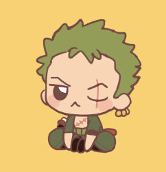 Rule 34 | 1boy, chibi, flat color, full body, green hair, highres, japanese clothes, kimono, looking at viewer, male focus, no.6 (numberr 6), one piece, roronoa zoro, scar, scar across eye, short hair, sitting, solo, v, yellow background