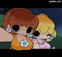 Rule 34 | 2girls, animated, animated gif, breasts, cleavage, dot nose, earrings, eyes visible through hair, jewelry, large breasts, leaning forward, looking at viewer, mario (series), multiple girls, nintendo, princess daisy, princess peach, seiro, selfie, shiny clothes, shiny skin, sidelocks, skindentation, solo, standing, super mario bros. 1