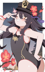 1girl ass batsuma black_hair black_nails black_ribbon flower genshin_impact hat highres hu_tao_(genshin_impact) long_hair one_eye_closed orange_eyes purple_ribbon red_flower ribbon school_swimsuit sparkle swimsuit symbol_in_eye