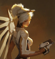 Rule 34 | 1girl, backlighting, blonde hair, bodysuit, breasts, brown background, closed eyes, eyelashes, facing away, facing viewer, from side, gun, hair tie, halo, handgun, high ponytail, highres, holding, holding gun, holding weapon, looking down, looking to the side, mechanical halo, mechanical wings, medium breasts, mercy (overwatch), nose, overwatch, overwatch 1, pink lips, pistol, realistic, signature, solo, upper body, weapon, wings, xiaofei syrup, yellow wings