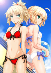 Rule 34 | 2girls, ahoge, alternate costume, aqua eyes, artoria pendragon (all), artoria pendragon (fate), artoria pendragon (swimsuit archer) (fate), artoria pendragon (swimsuit archer) (first ascension) (fate), ass, ball, bare arms, bare shoulders, beachball, bikini, blonde hair, blush, braid, breasts, butt crack, cloud, cloudy sky, day, fate/apocrypha, fate/grand order, fate/stay night, fate (series), french braid, front-tie top, gluteal fold, green eyes, hair between eyes, hair bun, halterneck, isse, looking away, looking to the side, midriff, mordred (fate), mordred (fate) (all), mordred (fate/apocrypha), mordred (swimsuit rider) (fate), mordred (swimsuit rider) (first ascension) (fate), mother and daughter, multiple girls, navel, red bikini, saber (fate), short ponytail, side-tie bikini bottom, sidelocks, single hair bun, sky, small breasts, smile, standing, stomach, surfboard, swimsuit, thighs, white bikini