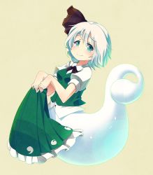 Rule 34 | 1girl, aqua eyes, blue eyes, blueberry (5959), bottomless, bow, bowtie, eyebrows, female focus, floating, frilled skirt, frills, fusion, ghost, ghost tail, hair ribbon, hairband, holding, konpaku youmu, konpaku youmu (ghost), looking at viewer, ribbon, sepia background, short hair, short sleeves, silver hair, simple background, skirt, unworn skirt, smile, solo, thick eyebrows, touhou, vest