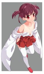 Rule 34 | 1girl, blush, brown hair, collarbone, eyebrows, female focus, flat chest, full body, grey background, hakama, hakama short skirt, hakama skirt, highres, japanese clothes, looking at viewer, miko, no bra, no panties, numenume (powa-ogutyogutyo), off shoulder, one-piece tan, out of frame, red eyes, saki (manga), short hair, short twintails, simple background, skirt, smile, solo, standing, standing on one leg, tan, tanline, thighhighs, twintails, usuzumi hatsumi, white thighhighs