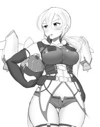 Rule 34 | 1girl, breasts, carrying, carrying under arm, earth defense force, elbow gloves, gloves, greyscale, unworn headwear, helmet, unworn helmet, jetpack, large breasts, long hair, maku ro, monochrome, short shorts, shorts, solo, thick thighs, thighs, twintails, white background, wing diver