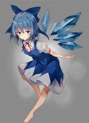 Rule 34 | 1girl, barefoot, blue bow, blue eyes, blue hair, blue skirt, blue vest, blush, bow, breasts, cirno, commentary request, grey background, hair between eyes, hair bow, hide448, highres, ice, ice wings, leaning forward, light particles, looking at viewer, miniskirt, neck ribbon, puffy short sleeves, puffy sleeves, red ribbon, ribbon, shirt, short hair, short sleeves, simple background, skirt, skirt set, small breasts, smile, solo, touhou, vest, white shirt, wings