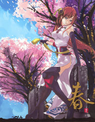 Rule 34 | 1girl, blue eyes, boots, cherry blossoms, china dress, chinese clothes, dress, elbow gloves, gintama, gloves, highres, kagura (gintama), long hair, looking at viewer, nyami, aged up, red hair, sitting, solo, thighhighs