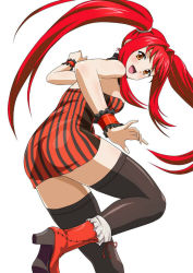 Rule 34 | 1girl, ass, bare shoulders, black thighhighs, boots, breasts, brown eyes, curvy, dress, happy, hip focus, ikkitousen, kanpei, long hair, looking at viewer, looking back, medium breasts, open mouth, red footwear, red hair, sideboob, simple background, smile, solo, striped clothes, striped dress, thighhighs, thighs, tongue, tongue out, twintails, very long hair, white background