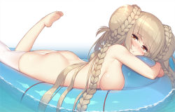 Rule 34 | 1girl, :t, ahoge, alternate costume, ass, azur lane, bikini, blue bikini, blush, braid, breasts, brown eyes, double bun, artistic error, formidable (azur lane), formidable (the lady of the beach) (azur lane), hair bun, highres, large breasts, long hair, looking at viewer, lying, nude, olive (laai), on stomach, pout, sidelocks, single thighhigh, solo, swimsuit, the pose, thighhighs, untied bikini, very long hair, water, white thighhighs
