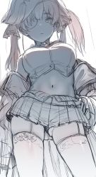 Rule 34 | 1girl, absurdres, breasts, commentary, covered navel, english commentary, eyepatch, female focus, garter straps, hair ribbon, hat, hews, highres, hololive, houshou marine, large breasts, looking at viewer, monochrome, pirate hat, ribbon, simple background, sketch, skirt, solo, standing, thighhighs, thighs, twintails, virtual youtuber