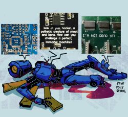 Rule 34 | bleeding, blood, blue background, broken, circuit board, commentary, english commentary, english text, full body, glitch, highres, humanoid robot, joints, missing limb, on ground, one-eyed, orange wings, penopolystirol, photo inset, profanity, resistor, robot, robot joints, solo, speech bubble, ultrakill, v1 (ultrakill), wire