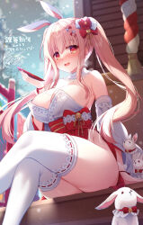 Rule 34 | 1girl, animal ears, bare shoulders, bell, blush, breasts, crossed legs, detached sleeves, hair ornament, highres, holding, large breasts, long hair, looking at viewer, original, outdoors, parted lips, pink hair, rabbit, rabbit ears, red eyes, ringo sui, sash, sitting, smile, thick thighs, thighhighs, thighs, translation request, twintails, white thighhighs