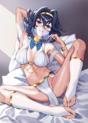 Rule 34 | 1girl, alternate costume, amulet, armpits, artist name, barefoot, bed, blue eyes, blue hair, bracelet, breasts, feet, grin, hair between eyes, hairband, harem outfit, highres, hololive, hololive english, jewelry, large breasts, midriff, mouth veil, navel, ouro kronii, pillow, ruby suguri, short hair, sitting, smile, snake, snake hair, solo, toeless footwear, veil, virtual youtuber