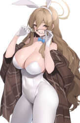 Rule 34 | 1girl, absurdres, akane (blue archive), akane (bunny) (blue archive), animal ears, blue archive, blue bow, blue bowtie, bow, bowtie, breasts, brown eyes, commentary, curvy, glasses, gloves, halo, highres, large breasts, leotard, light brown hair, long hair, looking at viewer, mari0ball, official alternate costume, pantyhose, playboy bunny, rabbit ears, simple background, solo, thick thighs, thighs, white background, white leotard, white pantyhose