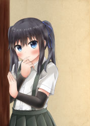 Rule 34 | 1girl, alternate hairstyle, asashio (kancolle), black hair, blue eyes, blue ribbon, blush, closed mouth, collared shirt, comiching, detached sleeves, dress shirt, embarrassed, frown, green skirt, hair ornament, hair ribbon, hand on own face, kantai collection, long hair, looking at viewer, multicolored hair, pleated skirt, ribbon, shirt, short sleeves, sidelocks, skirt, solo, streaked hair, suspender skirt, suspenders, tareme, twintails, upper body, white shirt, wing collar