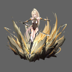 Rule 34 | 1girl, absurdres, arm guards, armored boots, backon, black footwear, black gloves, black leotard, blonde hair, boots, breasts, crossed bangs, elbow gloves, gloves, gluteal fold, grey background, ground shatter, heart, heart-shaped pupils, high ponytail, highres, holding, holding sword, holding weapon, large breasts, leg up, leotard, long hair, looking at viewer, navel, original, outstretched arms, parted lips, ponytail, pussy, see-through, see-through leotard, sidelocks, simple background, smile, solo, spread arms, standing, standing on one leg, strapless, strapless leotard, sword, sword behind back, symbol-shaped pupils, thigh gap, very long hair, weapon, yellow eyes