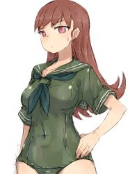 Rule 34 | 1girl, adapted costume, alchera, brown hair, cowboy shot, green neckerchief, green one-piece swimsuit, green sailor collar, green serafuku, hand on own hip, kantai collection, long hair, looking at viewer, neckerchief, one-piece swimsuit, ooi (kancolle), red eyes, sailor collar, school swimsuit, school uniform, serafuku, simple background, solo, swimsuit, white background