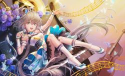 Rule 34 | 1girl, bare shoulders, beamed eighth notes, blue flower, blue rose, cello, chinese commentary, commentary, conductor baton, dress, eighth note, flower, green eyes, grey hair, hair rings, harp, instrument, kitsuneko (fox a-j), kneehighs, long hair, luo tianyi, musical note, open mouth, petals, piano, purple flower, purple rose, rose, smile, socks, solo, staff (music), trumpet, twintails, upright piano, very long hair, vocaloid, vsinger, white dress, white footwear