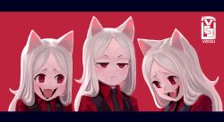 Rule 34 | 3girls, absurdres, animal ears, artist logo, black neckwear, black vest, cerberus (helltaker), closed mouth, commentary, demon girl, dog ears, dog girl, english commentary, fangs, frown, half-closed eyes, helltaker, highres, laughing wolves, letterboxed, long hair, looking at another, meme, multiple girls, necktie, open mouth, red background, red eyes, red shirt, shirt, siblings, simple background, sisters, smile, triplets, unamused, vest, voc, waistcoat, white hair, wing collar