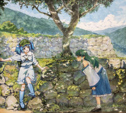 Rule 34 | 2girls, black footwear, blue footwear, blue hair, blue shirt, blue skirt, boots, cloud, commentary request, dappled sunlight, day, detached sleeves, frog hair ornament, full body, green hair, green headwear, hair bobbles, hair ornament, hair tubes, hands on own knees, kawashiro nitori, key, kochiya sanae, leaning forward, loafers, long hair, looking at another, mountainous horizon, multiple girls, open mouth, outdoors, shiratama (hockey), shirt, shoes, short hair, skirt, sleeves rolled up, smile, socks, sunlight, sweatdrop, touhou, traditional media, tree, two side up, white legwear, white shirt, wide sleeves