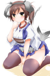 Rule 34 | 1girl, anbee (arary), animal ears, between legs, black thighhighs, blue skirt, blush, breasts, brown hair, chain, collar, dog ears, dog tail, fake animal ears, fake tail, female focus, flight deck, full body, hairband, hakama, hakama short skirt, hakama skirt, hand between legs, hand up, highres, japanese clothes, kaga (kancolle), kantai collection, kneeling, leash, looking at viewer, medium breasts, motion lines, muneate, panties, peeing, peeing self, pet play, puddle, red neckwear, short sleeves, side ponytail, simple background, sitting, skirt, smile, solo, tail, tail wagging, tasuki, textless version, thighhighs, underwear, wet, wet clothes, white background, white panties, yellow eyes