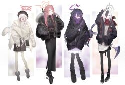 Rule 34 | 4girls, absurdres, albino, animal bag, aru (blue archive), backpack, bag, bat wings, beret, black coat, black dress, black footwear, black gloves, black hair, black headwear, black hoodie, black jacket, black leg warmers, black pantyhose, black shirt, blue archive, blush, boots, bow, bracelet, coat, dress, earmuffs, earrings, fashion, fingernails, frilled skirt, frills, full body, glasses, gloves, goth fashion, grey footwear, hair ornament, hairclip, halo, hand in pocket, hand on own head, handbag, haruka (blue archive), hat, highres, hood, hoodie, horns, jacket, jewelry, kayoko (blue archive), lace, leather, leather jacket, long fingernails, long hair, long shirt, looking at viewer, looking to the side, low wings, mall goth, multicolored hair, multiple girls, mutsuki (blue archive), necklace, off-shoulder sweater, off shoulder, one eye closed, pantyhose, paperclip, peace symbol, pink eyes, pink hair, pink nails, platform boots, platform footwear, pointy ears, purple bow, purple eyes, purple hair, rabbit earmuffs, red eyes, red scarf, ring, s2j00, scarf, shirt, shoes, sidelocks, simple background, skirt, sleeveless, sleeveless sweater, smile, sneakers, standing, stuffed animal, stuffed toy, sunglasses, sweater, v, white hair, white jacket, white shirt, white skirt, white sweater, wings, yellow eyes, zipper