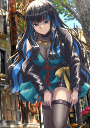 Rule 34 | 1girl, bare shoulders, black hair, black jacket, blue hair, breasts, brown thighhighs, colored inner hair, dress, eyeliner, fate/grand order, fate (series), green dress, grey eyes, highres, jacket, jewelry, ksfactory, large breasts, leaning forward, long hair, long sleeves, looking at viewer, makeup, multicolored hair, necklace, off shoulder, open clothes, open jacket, sidelocks, smile, solo, tenochtitlan (fate), thighhighs, thighs, wavy hair