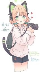 Rule 34 | 1girl, absurdres, animal ear headphones, animal ears, backpack, bag, black shorts, blonde hair, blue archive, blush, bow, camera, cat tail, cowboy shot, fake animal ears, green bow, green eyes, green halo, hair bow, halo, headphones, heart, highres, holding, holding camera, hood, hood down, hoodie, kamotsu yasai, long sleeves, looking at viewer, midori (blue archive), open mouth, pink hoodie, short hair, shorts, simple background, smile, solo, tail, translation request, white background