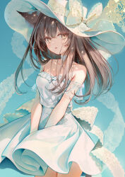 Rule 34 | 1girl, animal ear fluff, animal ears, bare shoulders, blue background, bow, breasts, brown eyes, brown hair, cleavage, collarbone, commentary request, dress, frilled dress, frills, hair between eyes, hat, hat bow, highres, kouyafu, long hair, looking at viewer, medium breasts, original, parted lips, simple background, solo, strapless, strapless dress, white bow, white dress, white hat