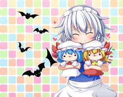 Rule 34 | 1girl, :3, album cover, apron, ascot, bat (animal), bat wings, blue dress, blush, bow, braid, character doll, checkered background, cover, hugging doll, dress, closed eyes, haruto (hirokazu1001), hat, hat bow, heart, izayoi sakuya, maid, maid apron, maid headdress, hugging object, red dress, side ponytail, silver hair, smile, solid circle eyes, solo, grid background, touhou, twin braids, waist apron, white dress, wings