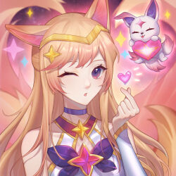 Rule 34 | 1girl, :p, ;o, ahri (league of legends), animal, animal ears, bare shoulders, blue choker, bow, bowtie, brown eyes, choker, closed eyes, covered collarbone, detached sleeves, finger heart, fox ears, fox girl, fox tail, gold headband, grey sleeves, hair ornament, heart, highres, league of legends, long hair, long sleeves, looking at viewer, multiple tails, official alternate costume, one eye closed, open mouth, purple bow, purple bowtie, qianniao zhi shi, smile, space, sparkle, star (symbol), star guardian (league of legends), star guardian ahri, star hair ornament, starry background, tail, tongue, tongue out, upper body