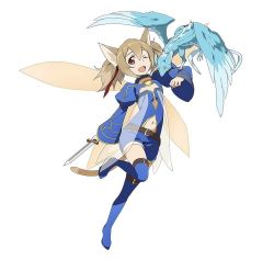 Rule 34 | 10s, 1girl, alternate costume, animal ears, blue shorts, blue thighhighs, brown eyes, brown hair, cat ears, cat tail, dragon, full body, highres, holding, holding weapon, long hair, mini dragon, multiple tails, navel, official art, one eye closed, open mouth, pina (redjasper), pina (sao), see-through, shorts, silica, silica (sao-alo), simple background, smile, solo, sword art online, sword art online: code register, tail, thighhighs, twintails, two tails, weapon, white background, wings
