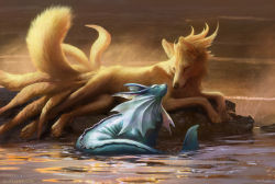 Rule 34 | 2others, absurdres, artist name, arvalis, back fin, blue skin, body fur, colored skin, creatures (company), closed eyes, facial mark, fins, game freak, gen 1 pokemon, head down, highres, lying, multiple others, multiple tails, ninetales, nintendo, no humans, on side, partially submerged, pokemon, pokemon (creature), realistic, rock, smile, tail, fish tail, vaporeon, water, watermark, web address, whisker markings
