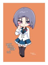 Rule 34 | 1girl, anklet, arm at side, assault lily, black footwear, black thighhighs, blue eyes, blue skirt, blush, bob cut, border, character name, chibi, commentary, finger to cheek, full body, grey hair, hair between eyes, hand up, happy birthday, herensuge girls academy school uniform, heterochromia, highres, jacket, jewelry, kagawa makina, light smile, long sleeves, looking at viewer, miniskirt, mole, mole under eye, orange background, parted bangs, pink eyes, school uniform, shoes, short hair, simple background, skirt, solo, standing, thighhighs, white border, white jacket, yui (yui1115 ), zettai ryouiki
