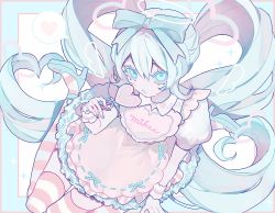 Rule 34 | 1girl, angel wings, aomi (aoiro3), apron, aqua eyes, aqua footwear, aqua hair, bubble skirt, candy, character name, colored eyelashes, detached sleeves, drawn wings, food, foreshortening, frilled skirt, frills, hair between eyes, halo, hatsune miku, heart, high heels, highres, kneeling, lollipop, long hair, looking at viewer, open mouth, pale skin, pastel colors, perspective, pink thighhighs, ringed eyes, short sleeves, sitting, skirt, solo, spoken heart, striped clothes, striped thighhighs, thighhighs, twintails, two-tone legwear, two-tone thighhighs, very long hair, vocaloid, wariza, wings, wrist cuffs