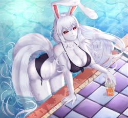 Rule 34 | 1girl, absurdres, animal ears, bikini, breasts, carrot (one piece), cleavage, highres, klopsiak, large breasts, long hair, one piece, rabbit ears, smile, solo, sulong form, swimsuit, white hair