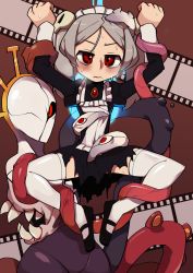 Rule 34 | 2018, 2girls, apron, arms up, bloody marie (skullgirls), blush, bound, brooch, crown, double (skullgirls), dress, extra mouth, film strip, frown, grabbing, grabbing from behind, grey hair, hair ornament, highres, jewelry, juliet sleeves, lakilolom, long sleeves, looking at viewer, mary janes, monster, multiple girls, puffy sleeves, red background, red eyes, shoes, skull hair ornament, skullgirls, spread legs, sweatdrop, tentacles, thighhighs, torn clothes, twintails, veins, wavy mouth, you gonna get raped
