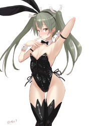 Rule 34 | 1girl, alternate costume, animal ears, black bow, black bowtie, black leotard, black thighhighs, bow, bowtie, breasts, brown eyes, cowboy shot, detached collar, finger to mouth, grey hair, highres, kantai collection, leotard, long hair, one-hour drawing challenge, playboy bunny, rabbit ears, side-tie leotard, simple background, small breasts, solo, strapless, strapless leotard, tetsukuzu (yajirushi shita), thighhighs, twintails, white background, wrist cuffs, zuikaku (kancolle)